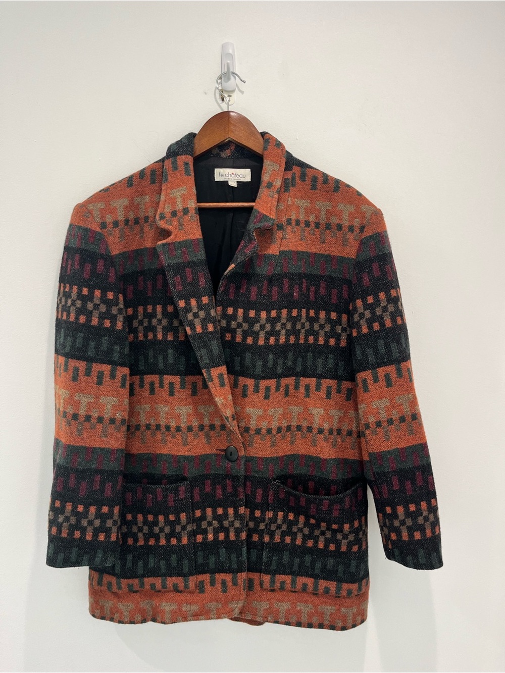 le chateau Vintage Single-Button Rust/Black Geometric Pattern Artsy Retro Blazer